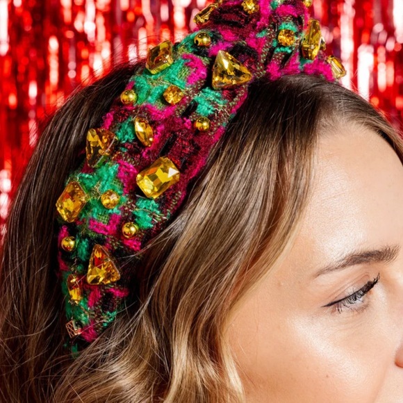 Brianna Cannon Tweed Headband Green Multi colored Crystals & Beads New - Picture 15 of 16